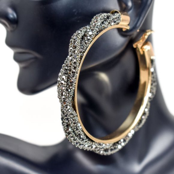 3" Braid Twist Hematite Rhinestone Hoop Earrings - Picture 7 of 12